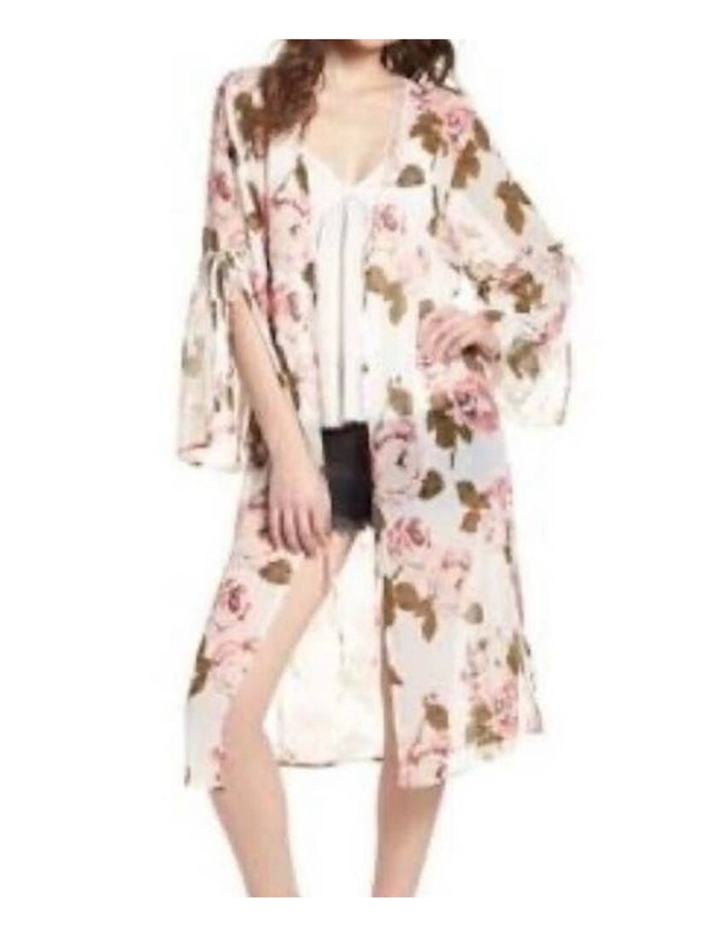NWT Band of Gypsies romantic Floral Sheer Kimono Cover-Up in White and Pink M